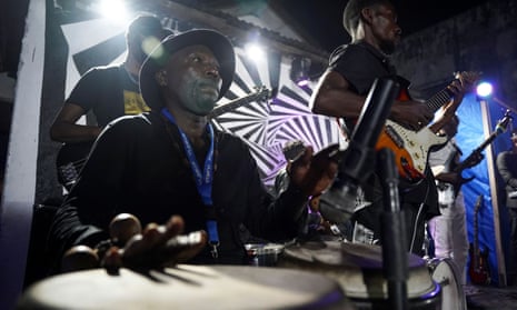 The Bana OK band plays a Congolese rumba tune at La Septante club in the Kasa-Vubu quarter in Kinshasa, Democratic Republic of Congo.