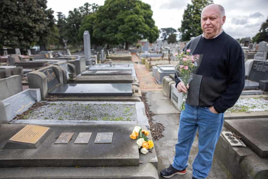 Kam Atkins at his mother Norma Atkins’ grave at Brighton cemetery