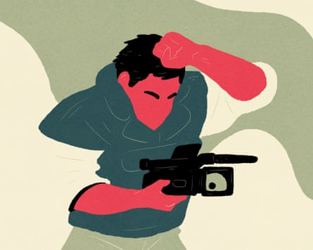 Artwork of a man with what looks like a gun, wreathed by spectres.