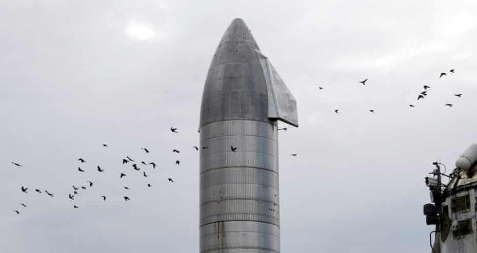 Birds pass over SpaceX's Starship SN8 on 4 December, days before a test launch in Boca Chica, Texas.