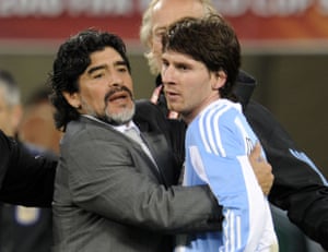 Diego Maradona hugs Lionel Messi after Argentina’s 2010 World Cup quarter-final defeat to Germany in Cape Town