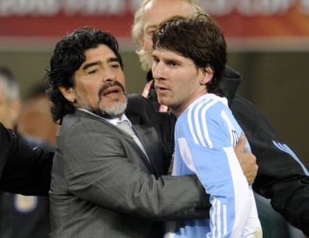 Diego Maradona hugs Lionel Messi after Argentina’s 2010 World Cup quarter-final defeat against Germany in Cape Town.