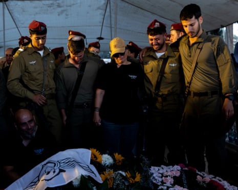 Mourners at a funeral service on Monday for an Israeli soldier the military says was killed by a Hezbollah drone overnight near the southern Lebanon town of Yohmor