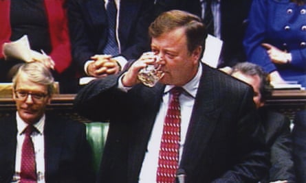 Ken Clarke takes a sip of whisky as he announces that spirits are down in price by 4% during his budget speech as John Major’s chancellor in 1995.