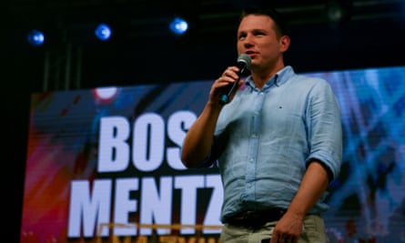 Slawomir Mentzen addressing supporters in August in Krakow.