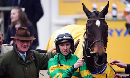 Willie Mullins and Mark Walsh after winning the Ryanair Chase with Fact To File