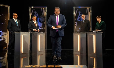 Tory MP James Cleverly, Labour MP Barry Gardiner, host Krishnan Guru-Murthy, Tory MP Jacob Rees-Mogg and Green MP Caroline Lucas prepare to take part in the Channel 4 Brexit debate in London.