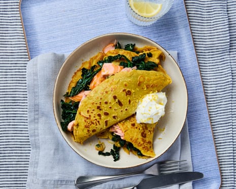 Ravinder Bhogal's saffron crepes with cavolo nero and smoked trout