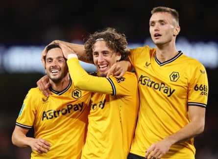Pablo Sarabia, Fábio Silva and Sasa Kalajdzic celebrate during Wolves’ 5-0 win over Blackpool