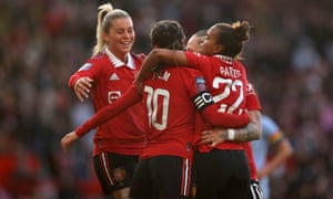 Katie Zelem of Manchester United celebrates with teammates after scoring their side's first goal in the 5-0 win over Aston Villa at Old Trafford