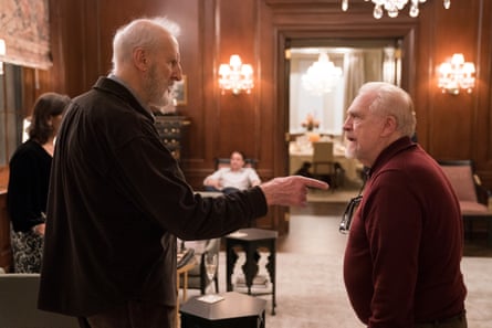 James Cromwell in Succession pointing a finger at Brian Cox, right.