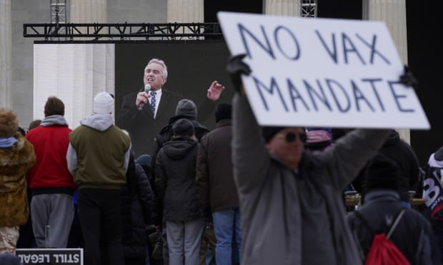 Robert F Kennedy Jr is broadcast on a large screen as he speaks during an anti-vaccine rally in front of the Lincoln Memorial in Washington DC Sunday.