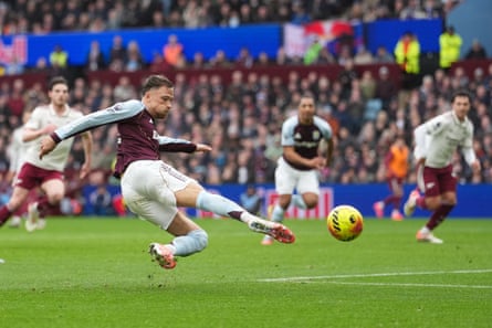 Aston Villa’s Matty Cash fires home the opening goal of the game against Arsenal.