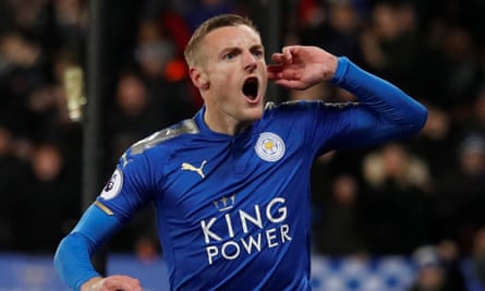 Jamie Vardy celebrates the opening goal with a message to Tottenham’s travelling fans.