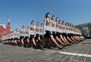 servicewomen march during a rehearsal for the Victory Day parade in Red Square