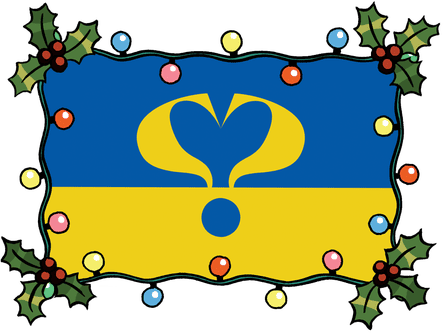 Illustration of. Ukraine flag with two question marks forming a heart in the centre, and a holly and Christmas lights frame