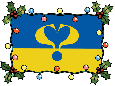 Illustration de. Drapeau ukrainien avec deux points d'interrogation formant un cœur au centre, et un cadre de houx et de lumières de Noël