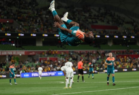Nestory Irankunda of Australia celebrates after scoring against Curaçao.