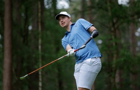 Gustav Stigsson Andersson, a 19-year-old from Karlstad in Sweden, whose left arm needed amputation at birth and who now plays with a specially adapted prosthetic, tees off the 11th hole