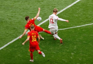 Kasper Dolberg opens the scoring for the Danes.