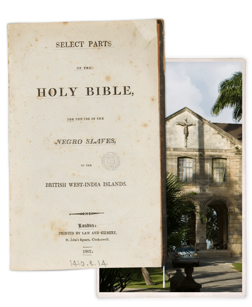 Opening page of the Bible and a picture of a building on the estate
