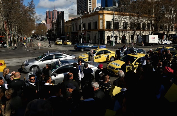 Taxi drivers walk out in protest of the illegal rideshare service UberX, September 2015 in Melbourne, Australia
