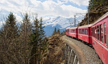 The Bernina Express train from Tirano in Italy to ST Moritz in Switzerland.