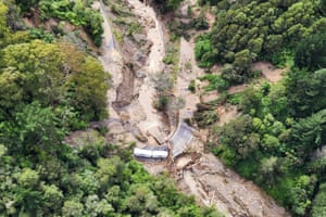 Aerial view of a road between Napier and Wairoa  washed out by flood water