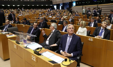 Michel Barnier (front right) and Jean-Claude Juncker (front centre) in the European parliament for this afternoon’s plenary session.