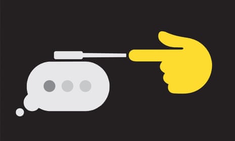 Illustration of a hand in the shape of a gun with an online speech bubble coming out of it