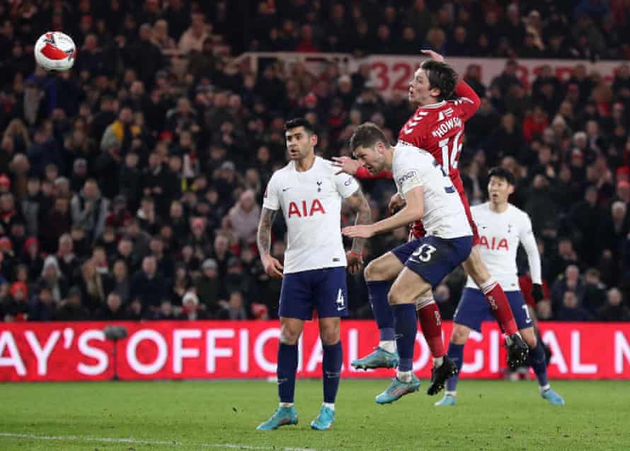 Middlesbrough’s Jonathan Howson beats Tottenham Hotspur’s Ben Davies in the air but heads the ball wide.