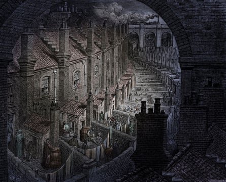 Victorian London streets with back to back terraces. From London, a Pilgrimage, by Gustave Doré and Blanchard Jerrold, 1872.