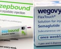 A combination image shows an injection pen of Zepbound, Eli Lilly's weight loss drug, and boxes of Wegovy, made by Novo Nordisk.
