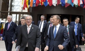 Michel Barnier, Jean-Claude Juncker and Donald Tusk at an EU summit in Brussels on 29 April 2017