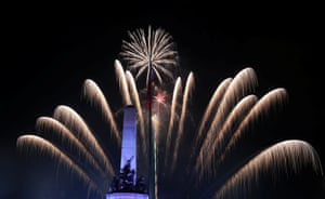 Fireworks explode behind the monument of national hero Jose Rizal, Manila, Philippines