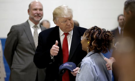 Donald Trump tours the Carrier factory in Indianapolis in December 2016. Trump promised to stop jobs being sent abroad to Mexico but hundreds of workers have since been let go.