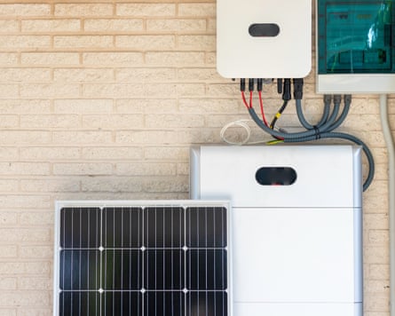 Front view of photovoltaic panel and battery installation
