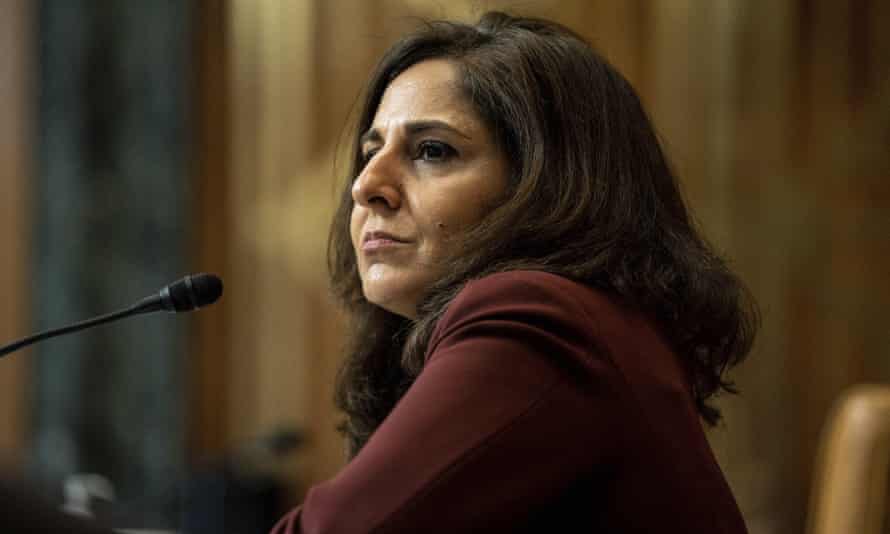 Neera Tanden appears before a Senate budget committee hearing in Washington DC 0n 10 February.