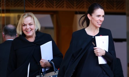 New Zealand National party leader Judith Collins (l) with prime minister Jacinda Ardern.