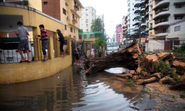 People make their way past a fallen tree and flooded street in Santo Domingo after Tropical Storm Laura.