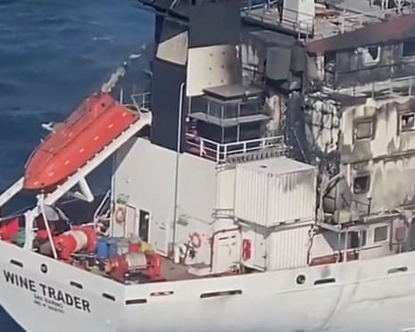 An aerial footage shows San Marino-flagged tanker wine trader ship that caught fire in Romanian territorial waters.