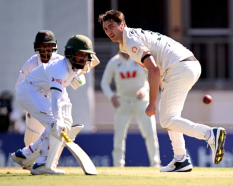 Pat Cummins attempts to stop a shot day two of the first Test between Australia and Bangladesh