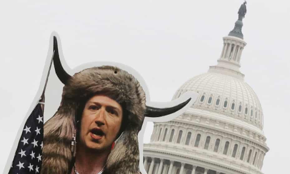 An art installation protest by the organization SumOfUs portrays Facebook’s Mark Zuckerberg as a 6 January rioter, outside the Capitol in Washington.