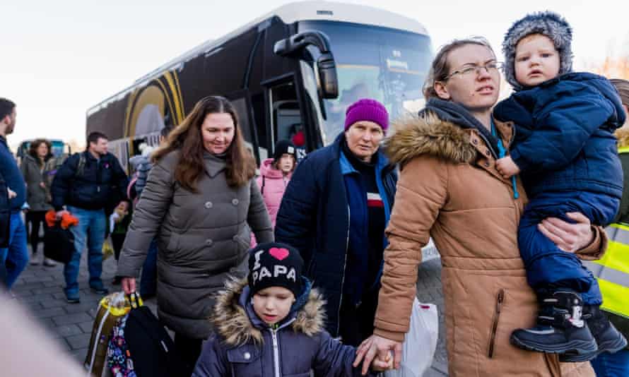 Ukrainian refugees arrive by bus to the Sports hall De Dreef in Waddinxveen, the Netherlands. This group of refugees was brought by residents who have had a relationship with the village of Reya in Ukraine for years. After the bombing of the village, these inhabitants fled and sought contact with their acquaintances in Waddinxveen.