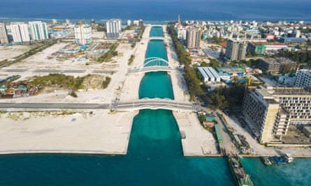 Bridge construction works on the reclaimed island of Hulhumalé in 2022.