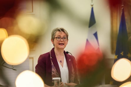 Yvette Cooper at a press conference in Athens.