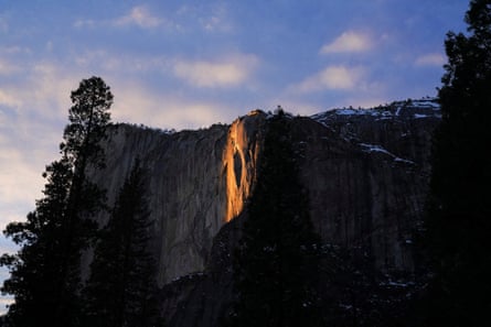 Late afternoon light shines on El Capitan’s Horsetail Fall on 21 February, 2026.