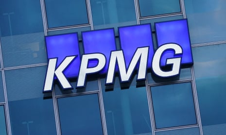 The logo of KPMG on an office building