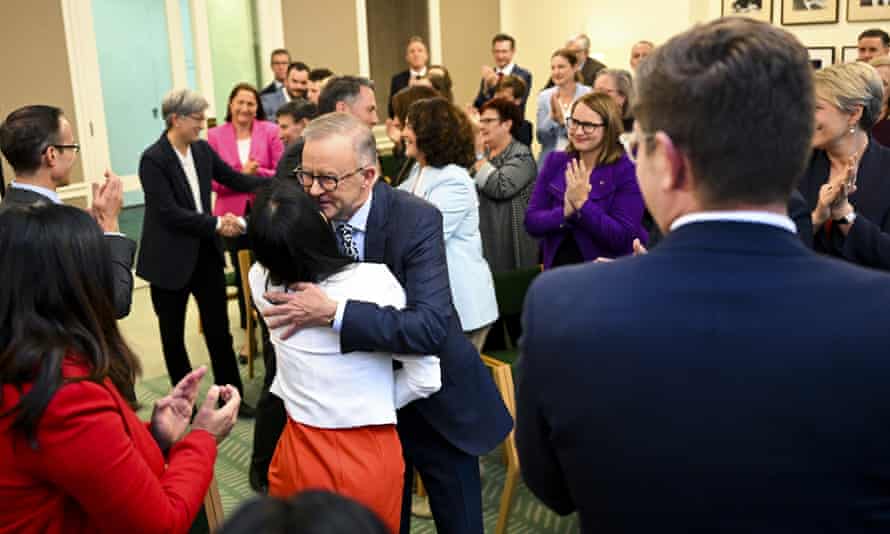 Anthony Albanese is welcomed by colleagues during the Labor party caucus.