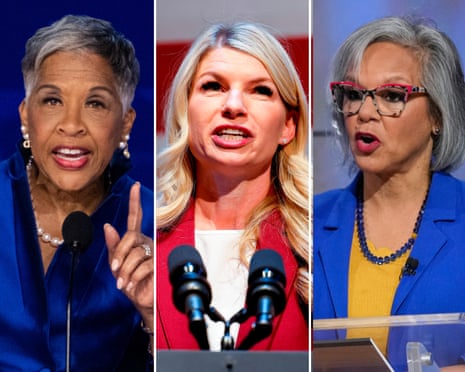 Joyce Beatty, Brittany Pettersen and Robin Kelly speak at microphones with animated expressions
